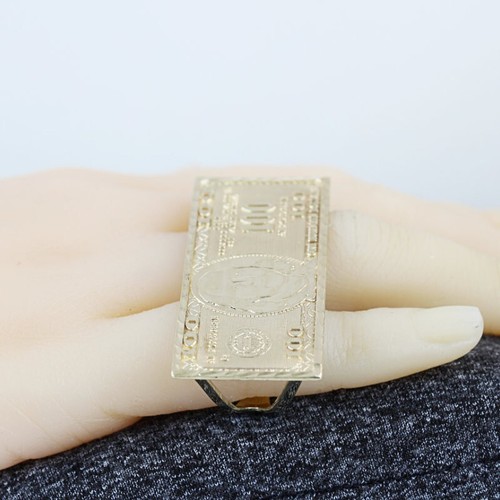 10k Yellow Gold One Hundred Dollar Bill $100 Money Double Finger Ring - Picture 5 of 6