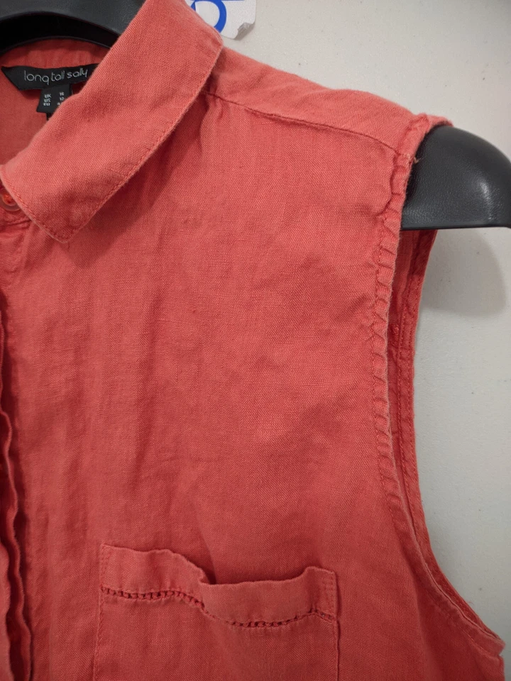 长高 Sally Top 女式 12 橙色无袖纽扣领 100% 亚麻 Pckt — 第 4/4 张图片