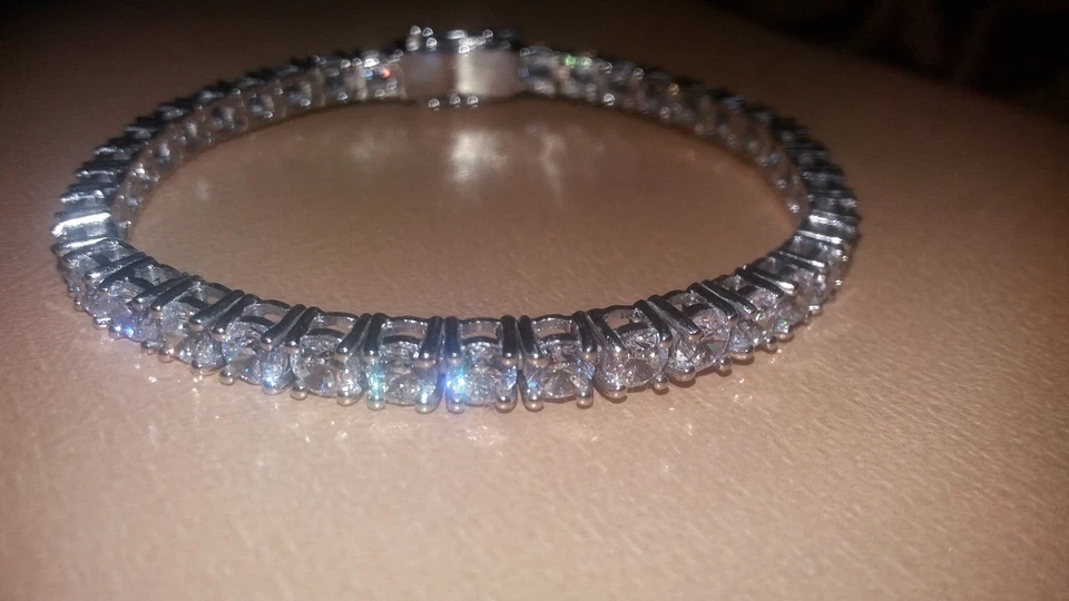4mm Simulated Diamond Round Prong Tennis Bracelet White gold Plated Silver 8.5" - Image 2 of 4