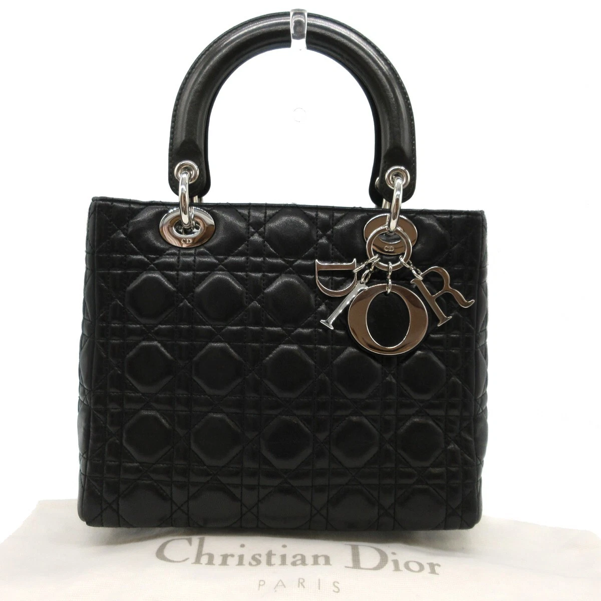 Sac à main CHRISTIAN DIOR Lady Cannage cuir noir argent Italie M760
