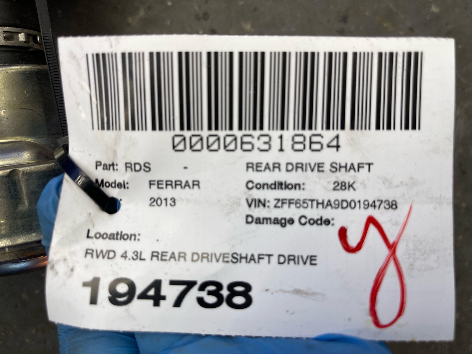 2012 2013 2014 FERRARI CALIFORNIA RWD 4.3L REAR DRIVESHAFT DRIVE PROP SHAFT OEM