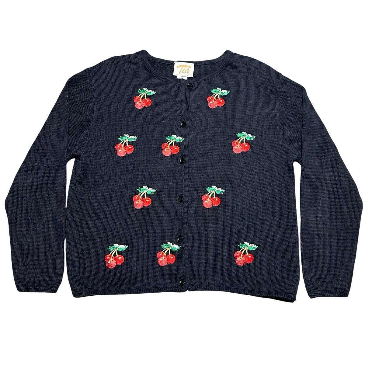 Vintage Tia Designs Black Cardigan Embroidered Cherry Patches