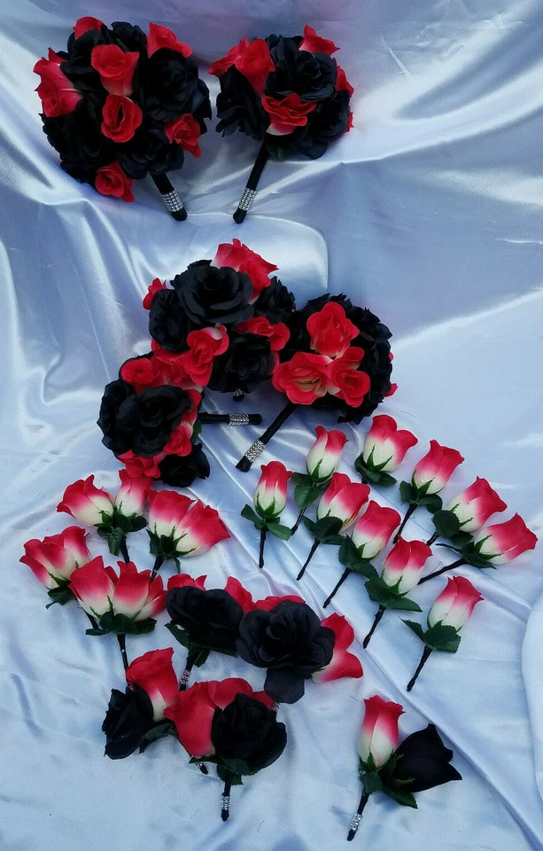 24 Pc Black Rose, Pink / Yellow Rose Bridal Bouquet Set, Wedding Bouquet Package - Image 2 of 4