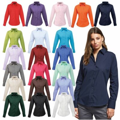 Premier Women's Poplin Long Sleeve Blouse Formal Business Work Shirt Staff Wear