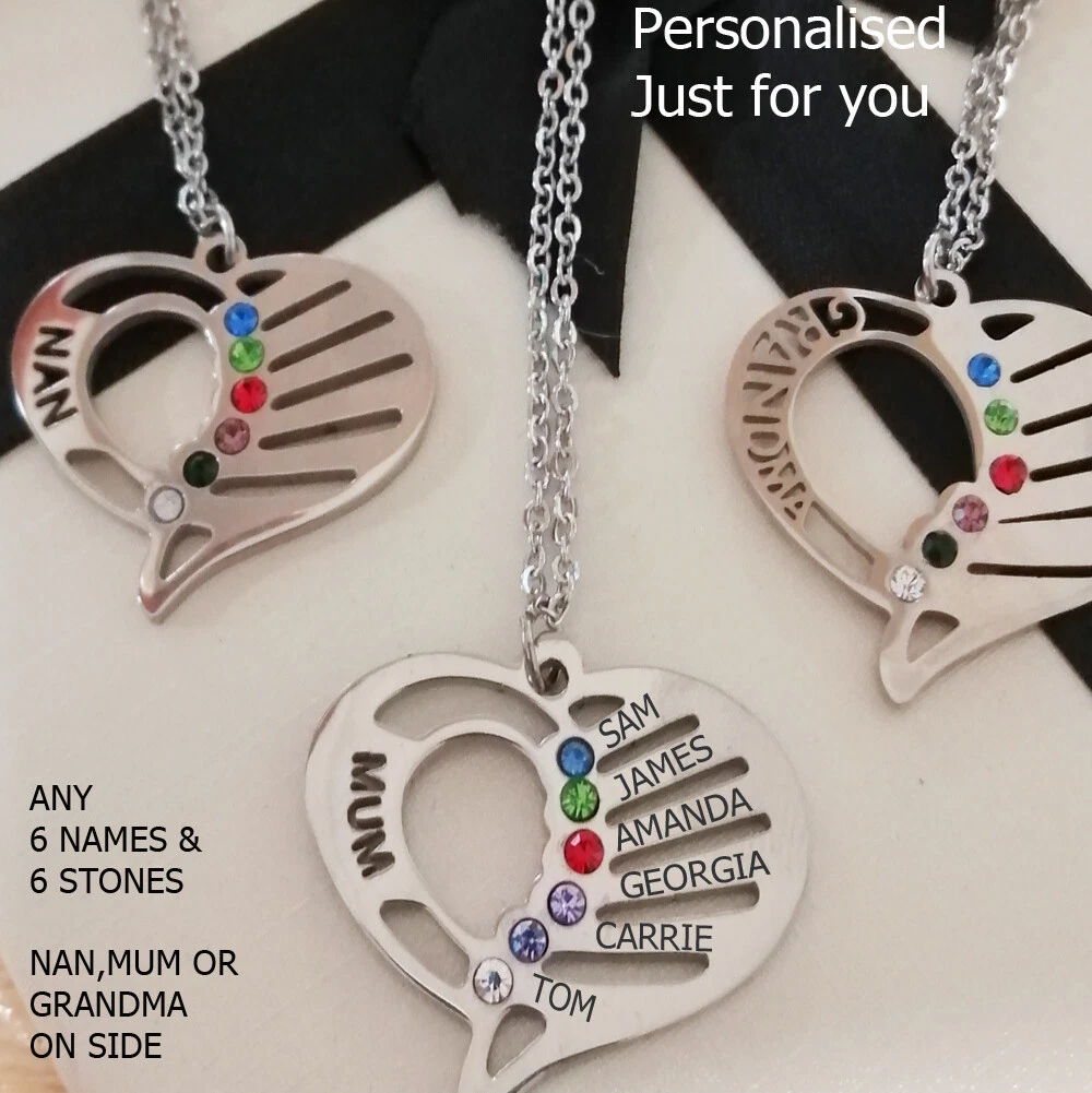 Personalised Mum Nan Heart Birthstone Necklace 6 Names Engraved