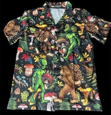 Bigfoot And Alien Hawaiian Shirt Mens Mushroom Shirt Summer Tropical Size Medium