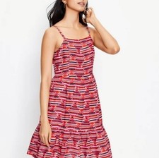 Loft Red Print Lined Tiered Dress Spaghetti Strap Size 0