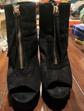 Black Suede High Heel Stilettos Size 7 Zippers In Front With Open Toe