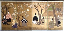 Schermo pieghevole giapponese Byobu foglia oro Kemari scena corte dipinto 4 pannelli Kyot