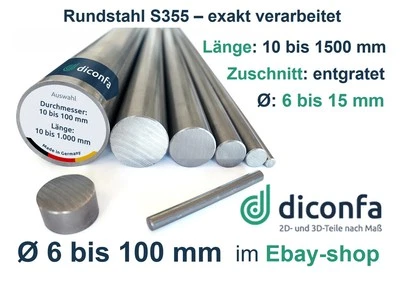 DICONFA Rundstahl Rundstab Blankstahl S355 ST52K Bolzen Ø 6mm 8mm 10mm 12mm 14mm 15mm