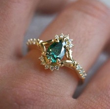 2.25Ct Pear Cut Lab-Created Green Emerald Engagement Ring 14K Yellow Gold Plated