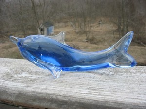 Large 10 Inch Blue and Clear Solid Artisan Glass Dolphin Figurine Home Decor