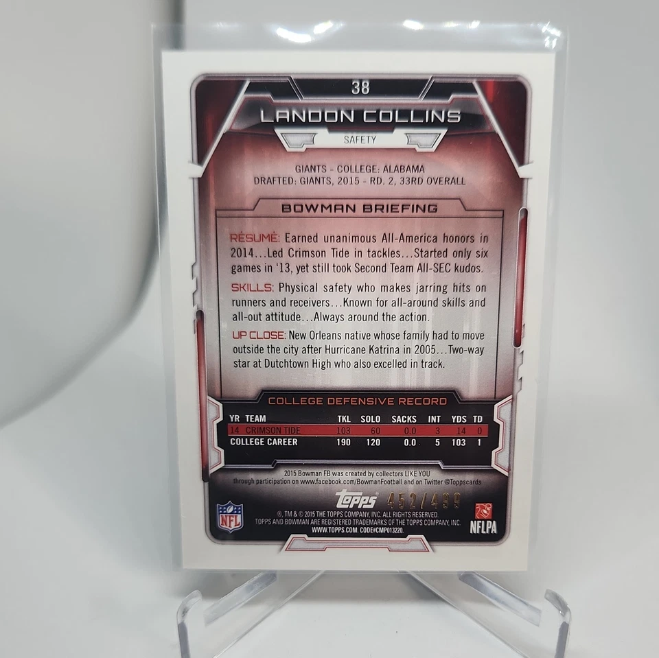 2015 Bowman Landon Collins Rookie RC Blue /499 #38 Crimson Tide New York Giants - Image 3 of 4
