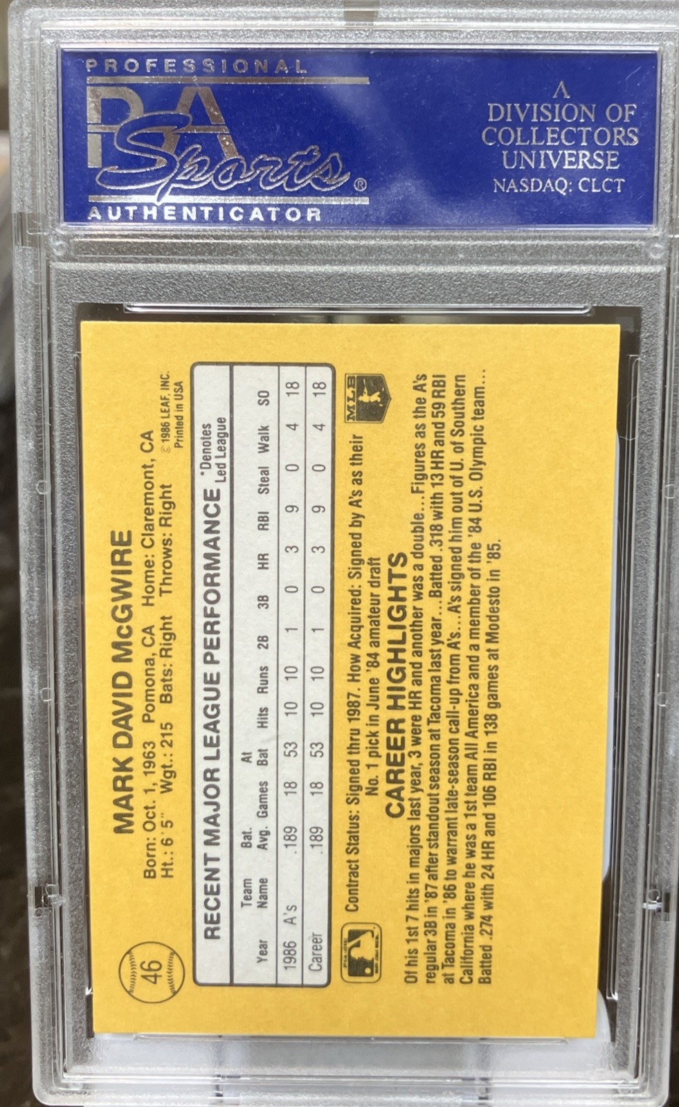 1987 Donruss #46 Mark Mcgwire PSA 9 Mint view 2