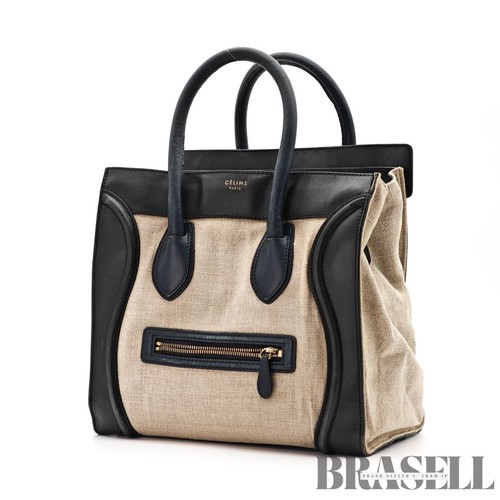 CELINE Luggage Mini Shopper Handbag Black White Leather Tote Bag Women