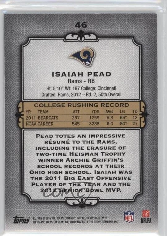 2012 Topps Supreme Green /15 Isaiah Pead #46 Rookie RC - Image 2 of 2