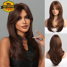 Brown Wigs for Women,Long Layered Wigs with Bangs Heat Resistant Synthetic Fibre
