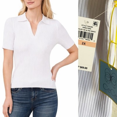 CeCe Women s White Ribbed Short Sleeve Top   Size 2X   NWT
