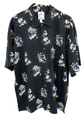 Guy Harvey Aftco Bluewater Herren Button Down Schwarz Hemd Fisch Kurzarm Gr. XL