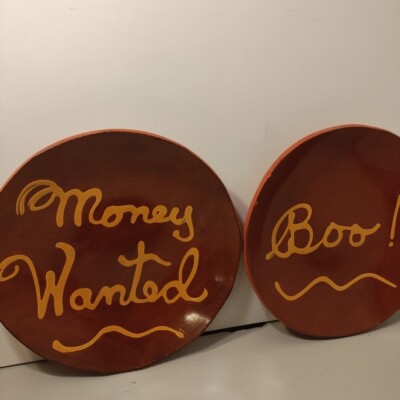 Vintage Lester Breininger Redware 1988 1 10.5'' plates (2) Money Wanted & Boo