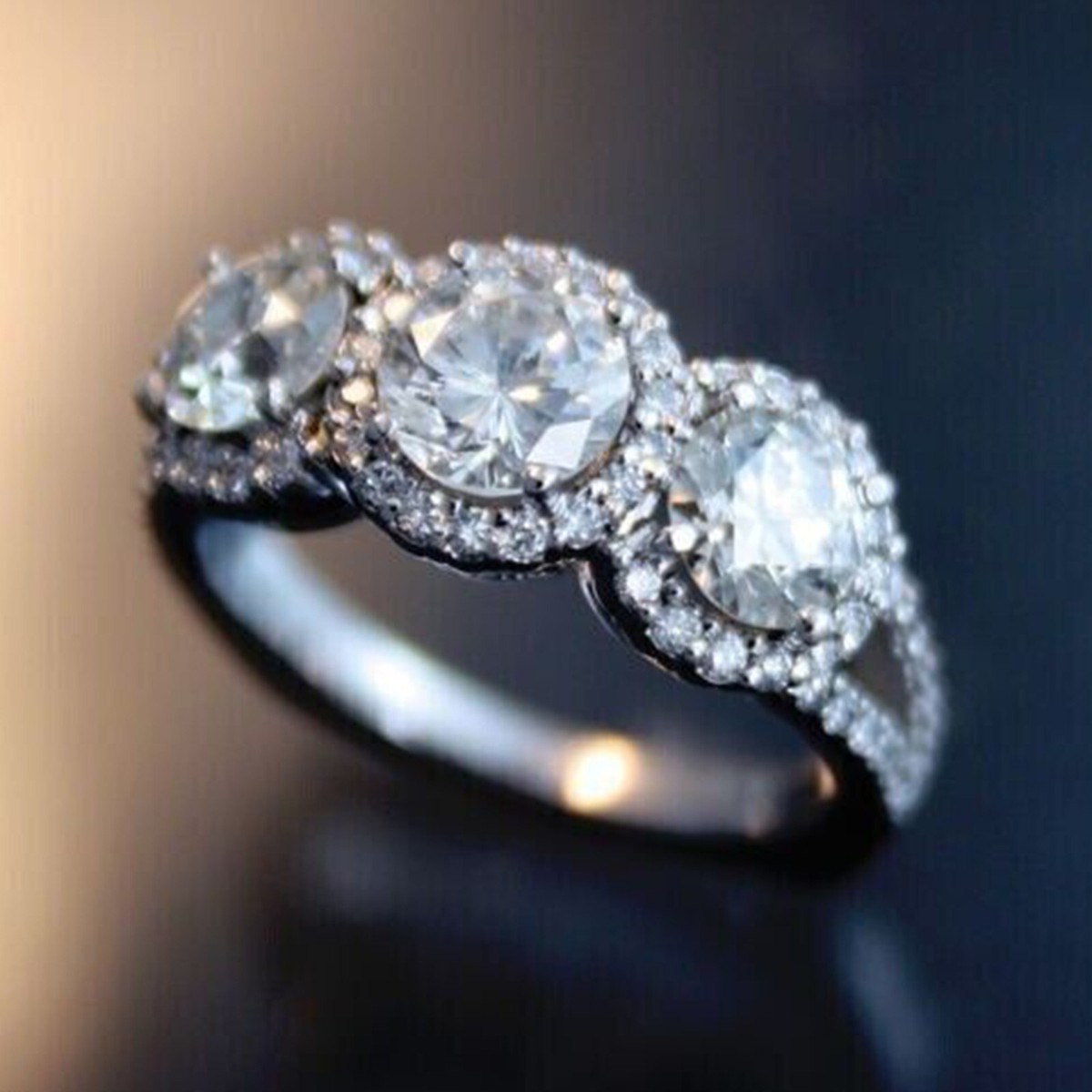 Ct Round Diamond Three Stone Halo Wedding Engagement Ring