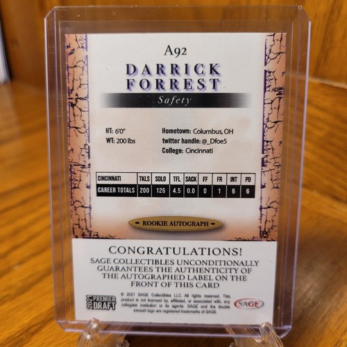2021 Sage Premier Draft - Autographs #A92 Darrick Forrest (RC) - Picture 2 of 2