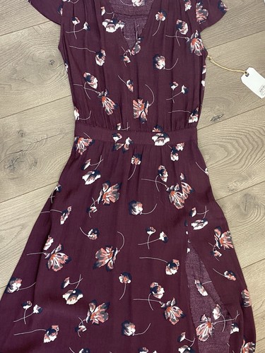 New Leith XS Burgundy Whisper Floral MIDI Dress Off Side Slit Elastic Back Cap - Picture 3 of 11
