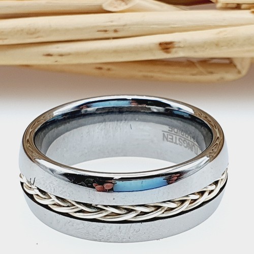 Rope Inlay Tungsten Ring 8mm Silver Tungsten Engagement Ring Men's Wedding Ring - Picture 5 of 7