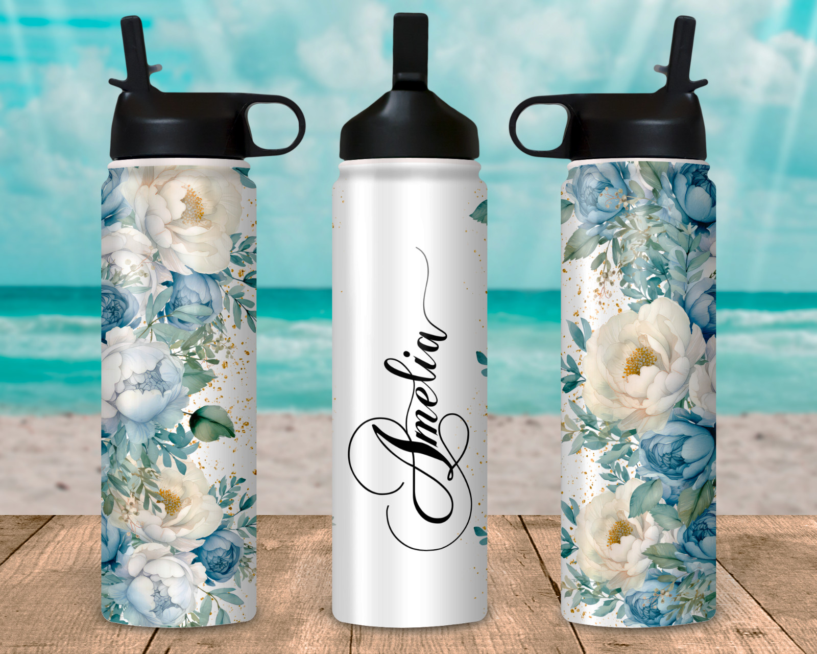 Personalized Floral Tumbler - Water Bottle with Custom Name 