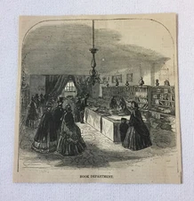 1864 magazine engraving ~ METROPOLITAN FAIR BOOK DEPARTMENT Union Square, NYC