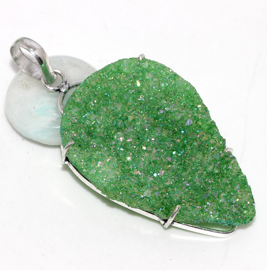 Titanium Druzy 925 Silver Plated Gemstone Pendant 2.5