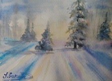Aquarell Bild 17*24 Winterlandschaft Sonne Schnee Unikat Ungerahmt Papier 300gr.