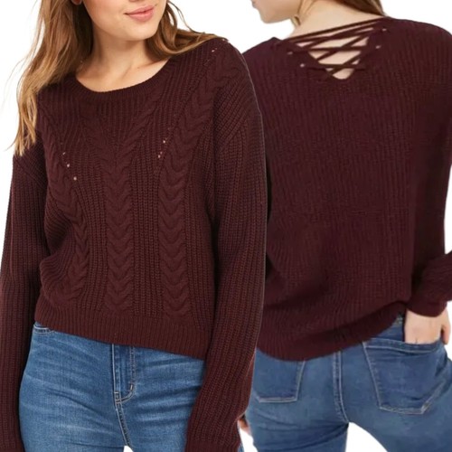 Crave Fame Women's Lace Up Back Cable Sweater -Color- Size X-Small