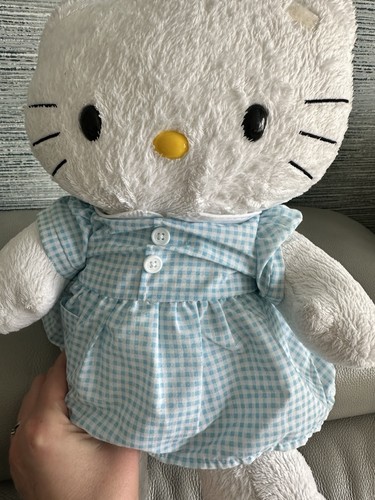 Build A Bear Fluffy Hello Kitty 16” Plush white blue gingham dress cat sot toy - Picture 14 of 16