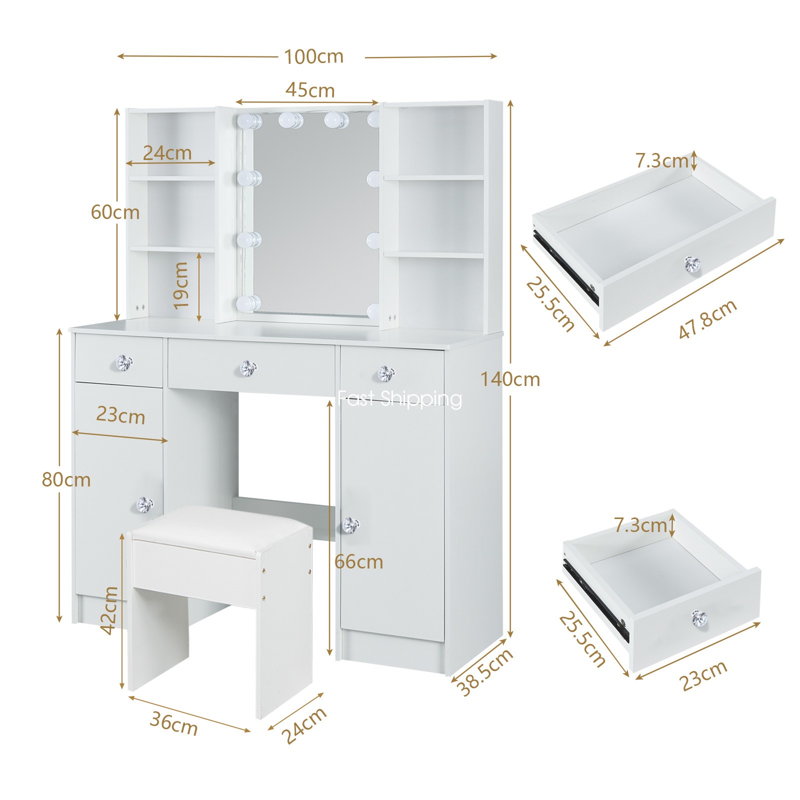 Vanity Set Makeup Large LED Lighted Mirror Dressing Table Dresser Desk w/ Drawer