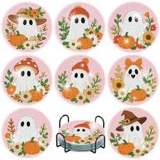 8 Pcs Halloween Diamond Art Coasters Kit with Holder 4 x 4 Inch