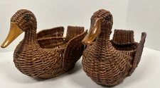 VTG Woven Wicker Duck Shaped Basket Pair Avon Egg Basket Home Decor Eyes Beak