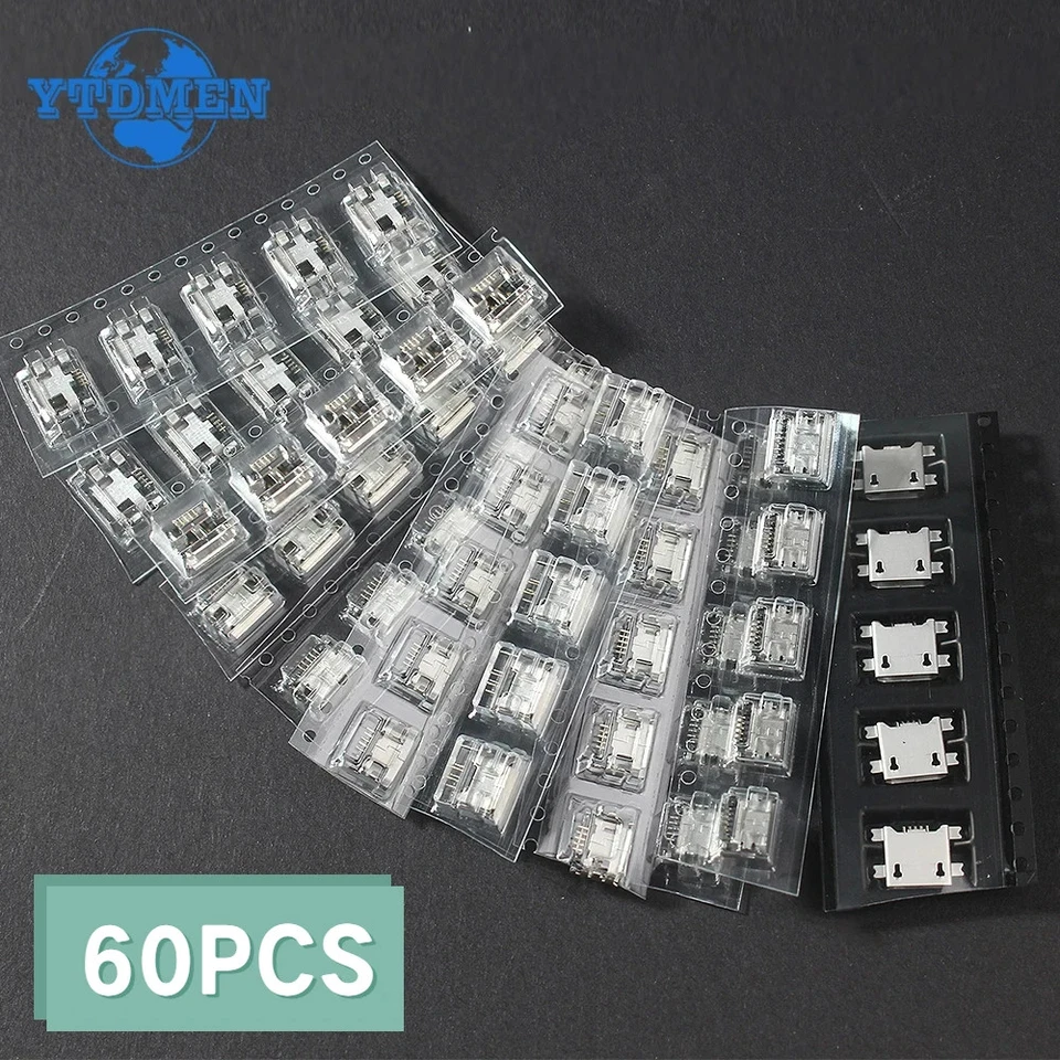 60pcs Micro USB Female Socket Connector Jack Port 5-Pin DIP Jack Plug Connector - Image 3 of 4