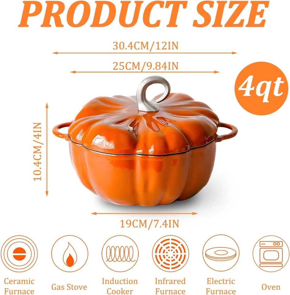 Pumpkin Cast Iron Dutch Oven, 4Qt Pumpkin-Shaped Cocotte, Enamel Cast Iron Cooki - Image 2 of 4