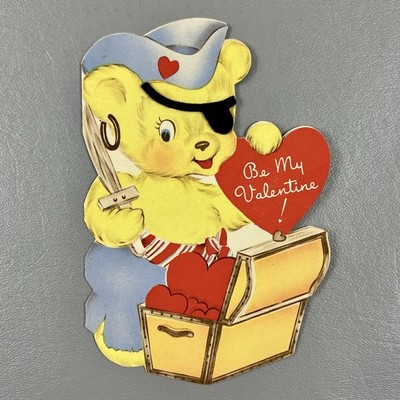 1940s Valentine Die Cut Card Pirate Bear With Treasure Chest Hearts Stanley US
