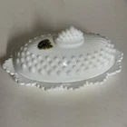 Vintage Fenton Milk Glass Hobnail Oval Butter Dish with Crown Top Lid