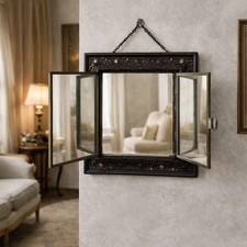 Antiguo tríptico plegable espejo de pared gabinete latón vidrio estilo victoriano 12x12 pulgadas
