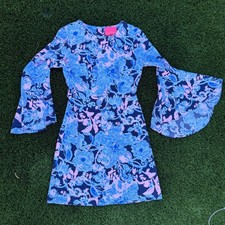 Lilly Pulitzer Bell Sleeve Dress Floral Blue Pink Navy Zipper Women's