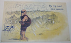 HUMOR UNPOSTED POSTCARD FAT MAN & PUPPY DOG BY THE SAD SEA WAVES SEASHORE — photo 1