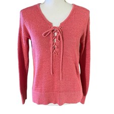 Ann Taylor LOFT Size XS Lace Up Front Sweater Rose Dusty Pink Linen Blend