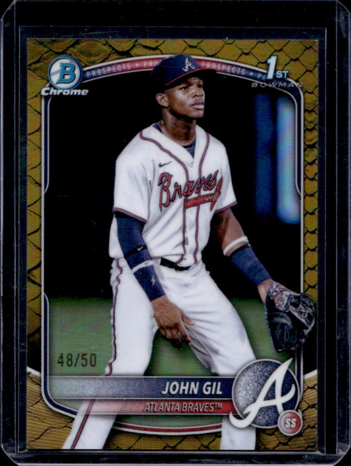 2025 Bowman Chrome John Gil Reptilian Gold Refractor 1st Prospect #/50 Braves