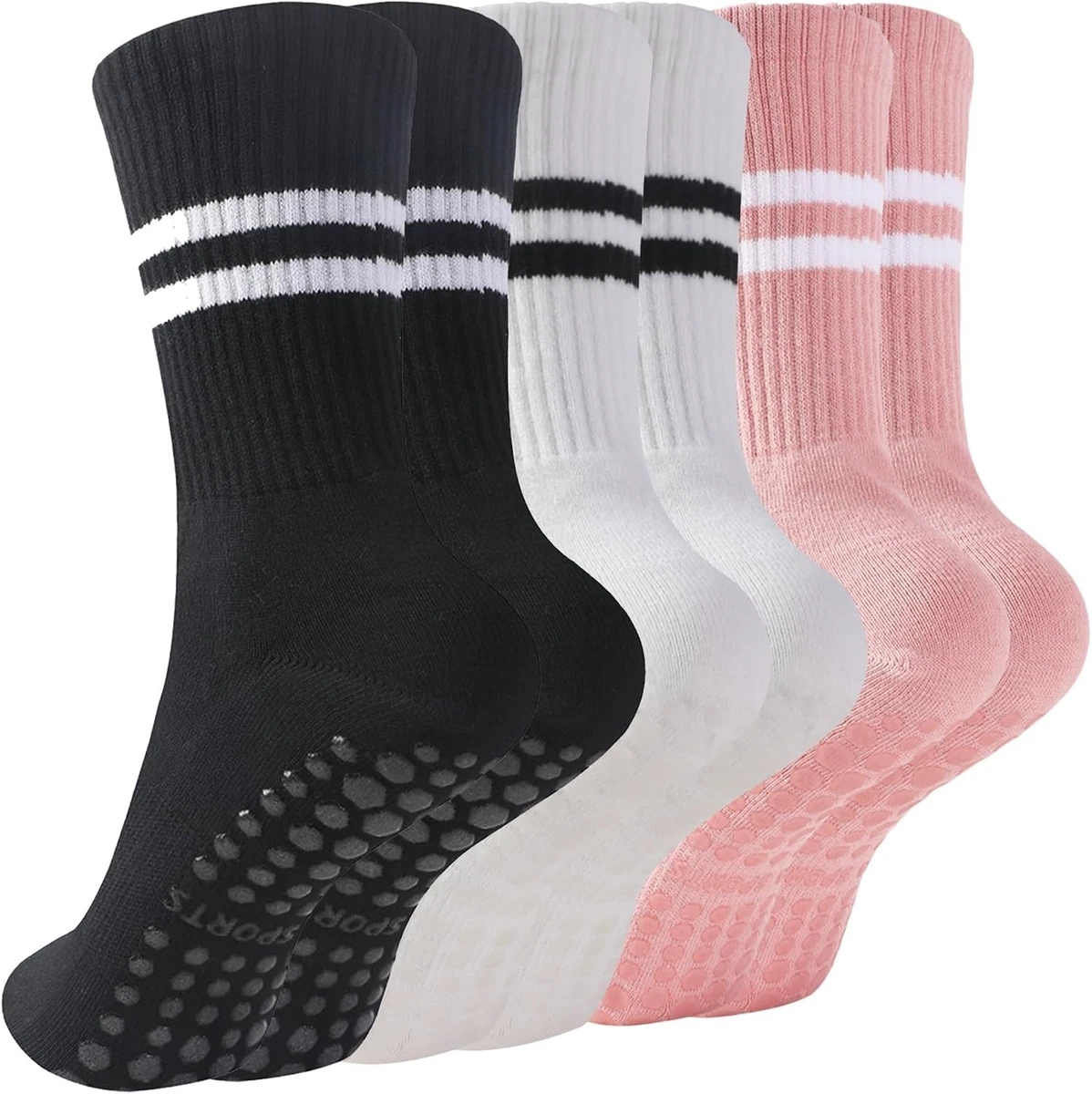 Calcetines Pilates Grip para Mujer, 3 Pares Calcetines Antideslizantes Crew para Reformer, Barre...