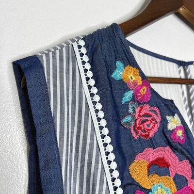 Savanna Jane Embroidered Striped Boho Dress L Floral Sleeveless
