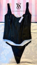 Victoria s Secret Black Satin Corset Set S-DD Lace Up Bustier Thong Lingerie NWT