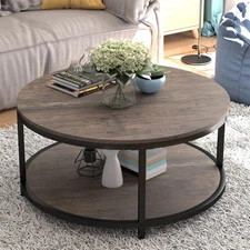 Round Coffee Table,36" Coffee Table for Living Room,2-Tier Rustic Wood Deskto...